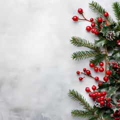 A festive arrangement of red berries, pine cones, and evergreen branches on a snowy white background, perfect for holiday themes.