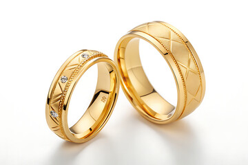 Two golden rings standing on white background.