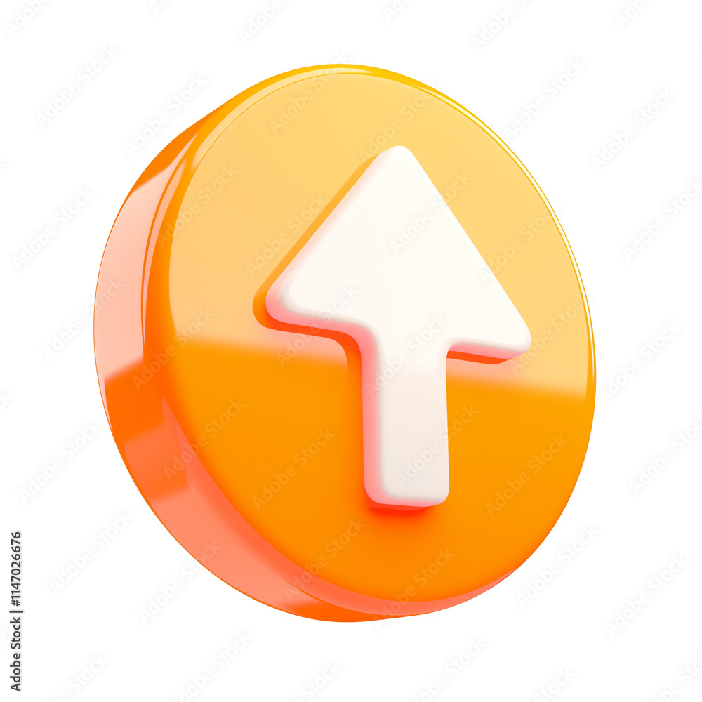 Poster 3D orange circular button with white upward arrow symbol, isolated on transparency background, representing upload or upward action. design is modern and minimalistic