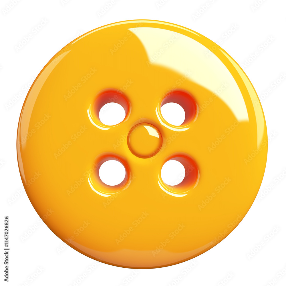 Poster shiny yellow button with four holes, isolated on transparency background, showcasing smooth and glossy surface. Perfect for sewing, crafting, or design projects
