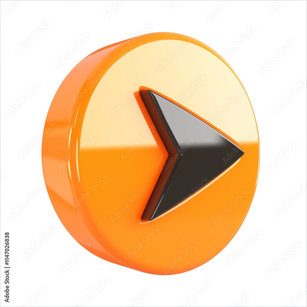 Poster 3D orange circular button with black arrow pointing to right, isolated on transparency background, showcasing glossy and modern design
