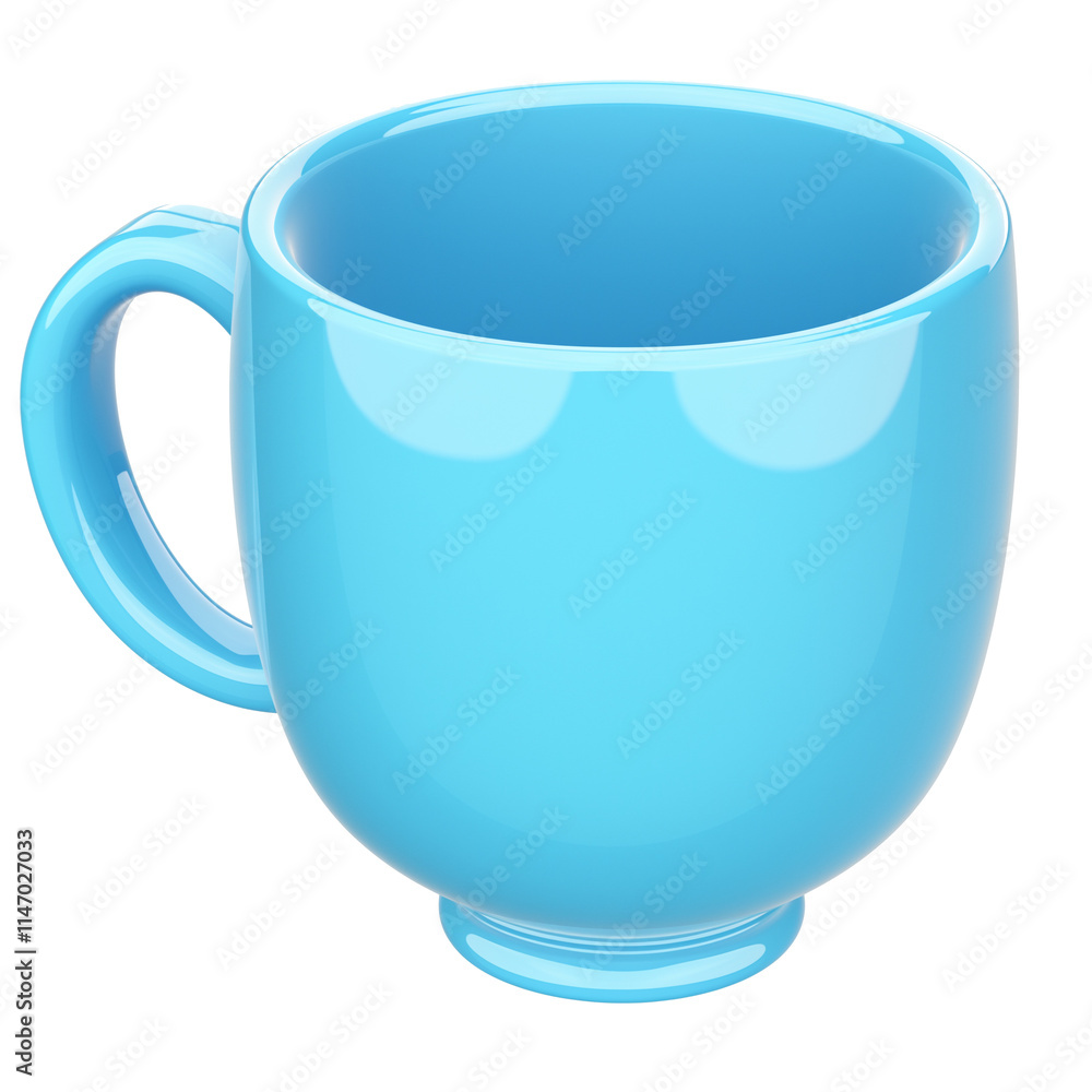 Poster bright blue ceramic cup with smooth surface and rounded handle, isolated on transparency background,