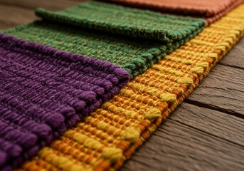 Close-up of colorful, handwoven textiles laid out on a wooden surface, highlighting intricate patterns and vibrant colors