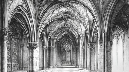 Gothic hallway; arched ceilings, columns, stone.