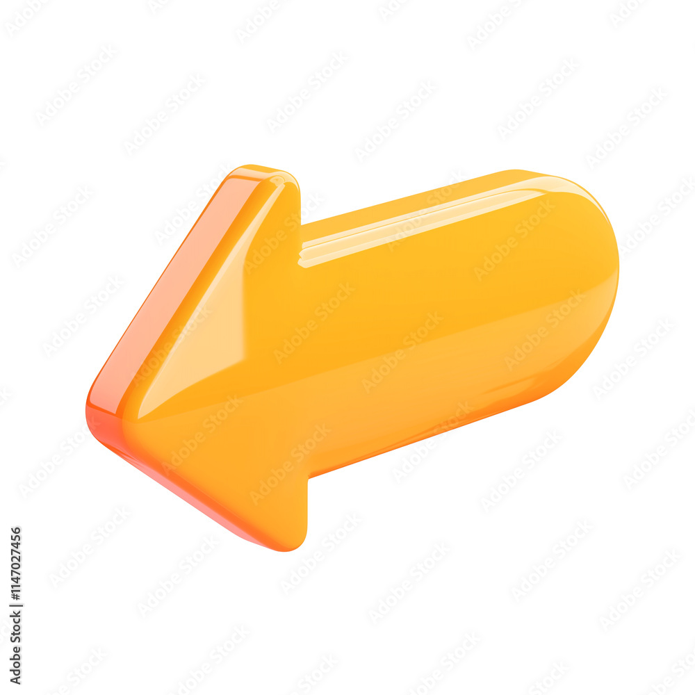 Poster 3D glossy yellow arrow pointing left, isolated on transparency background, with smooth and reflective surface, ideal for navigation or directional design elements