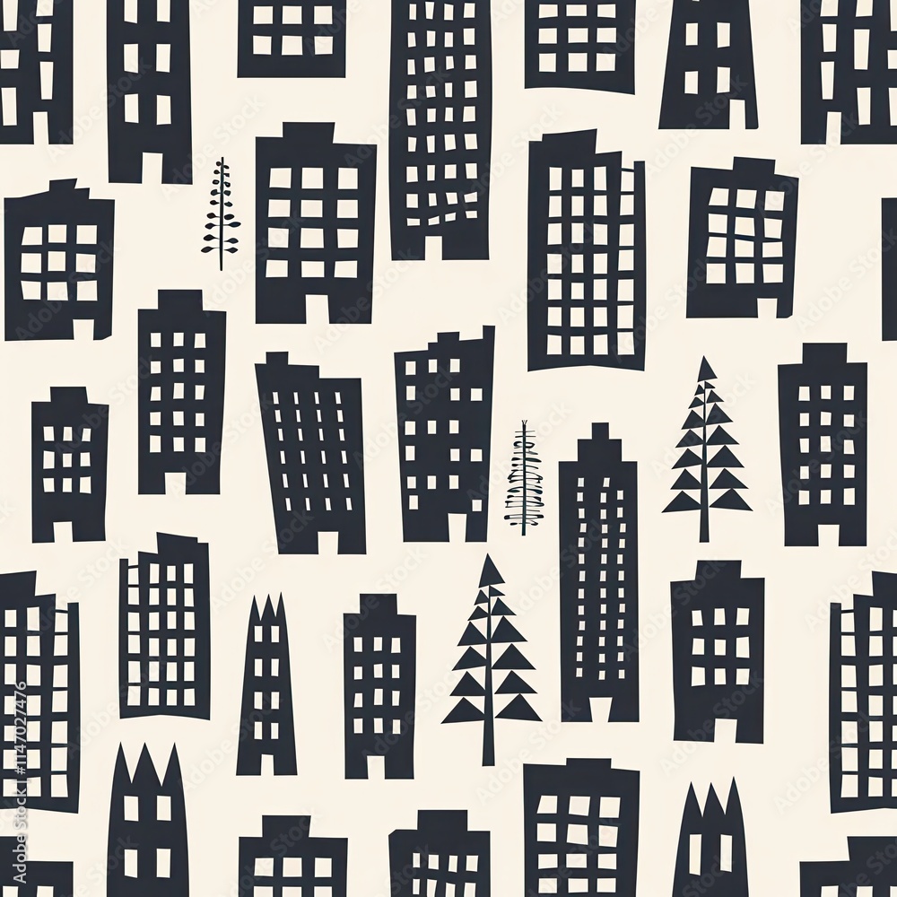 Poster Unique pattern featuring abstract buildings and trees designed for modern textiles or wallpaper decor. Generative AI