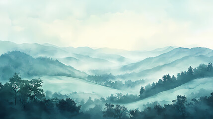 Obraz premium Serene light watercolor landscape featuring rolling green hills, misty valleys, and wispy trees set against a soft, dreamy blue sky with gentle clouds. Misty. Illustration
