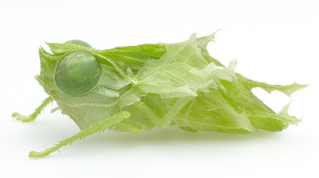 Close-up of a vibrant green leafhopper insect, isolated on a white background.