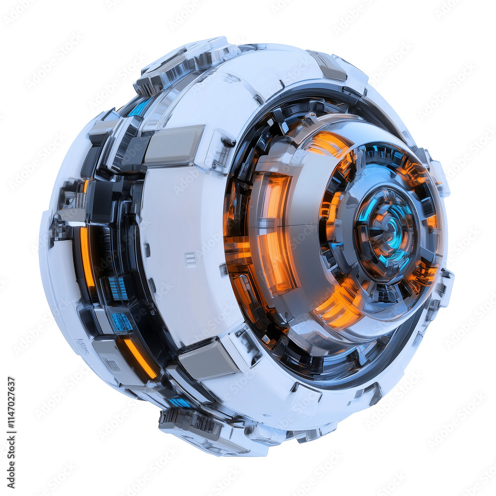 Poster futuristic 3D energy core with glowing orange and blue lights, featuring intricate mechanical details and hovering design, isolated on transparency background