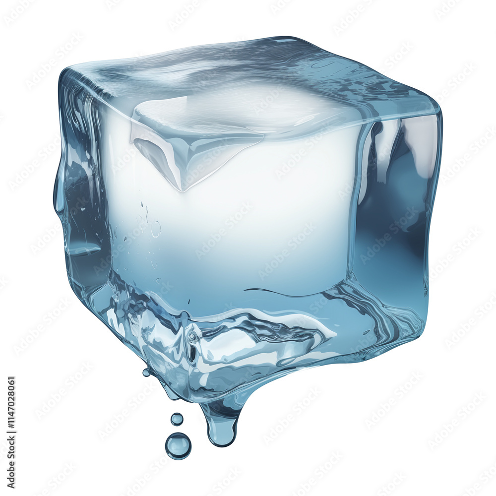 Poster melting ice cube with water droplets, isolated on transparency background, showcasing transparency and glossy surface. image captures concept of melting and freshness