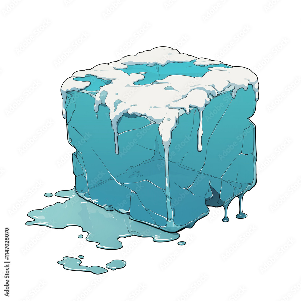 Poster melting ice cube with water dripping and pooling around it, isolated on transparency background, showcasing clean and minimalistic design