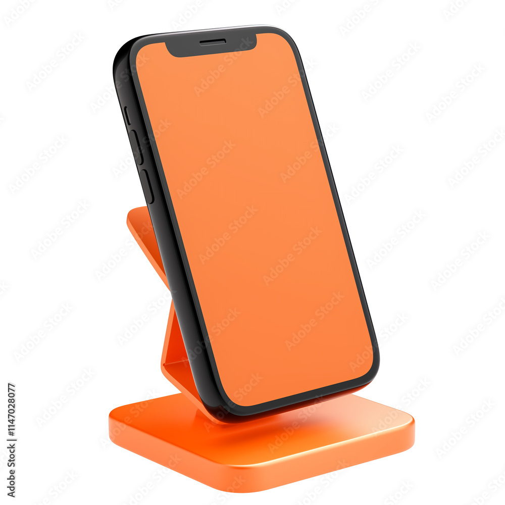Poster modern smartphone with orange screen displayed on sleek orange stand, isolated on transparency backg