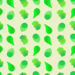 Green leaves seamless pattern, different shapes, vector leaf