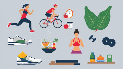 Cartoon illustration of fitness icons featuring a practicing yoga, with a focus on sport, beauty, and a healthy lifestyle