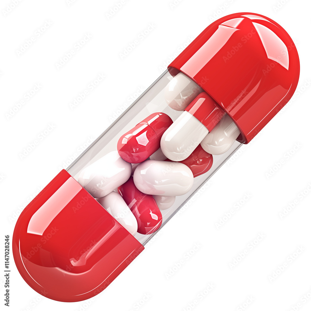 Poster 3D illustration of red and white capsule filled with smaller red and white capsules, isolated on transparency background. design emphasizes healthcare and medication concepts