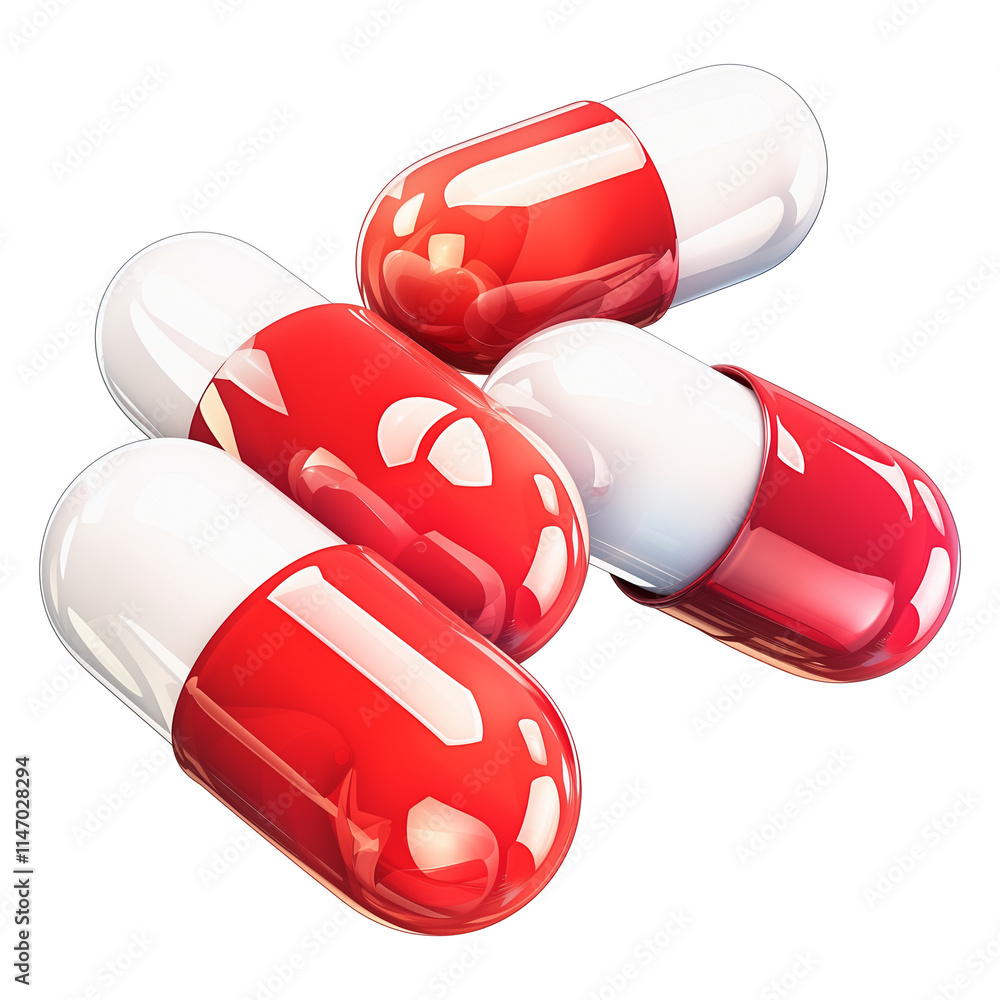 Poster Red and white capsules in 3D illustration, showcasing over counter medication in clean and isolated view. glossy surface and vibrant colors emphasize their design