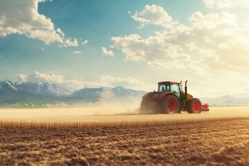 Naklejka premium Farmer with tractor seeding sowing crops at agricultural field. Plants wheat.