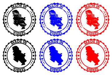 Made in Serbia - rubber stamp - vector, Serbia map pattern - black, blue and red