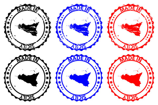 Made in Sicili - rubber stamp - vector, Sicili map pattern - black, blue and red