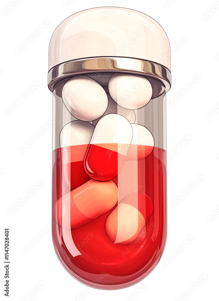 Poster 3d illustration of transparent capsule containing red and white pills, isolated on transparency back