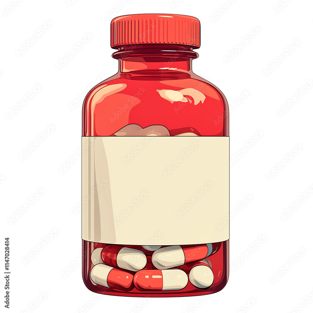 Poster red plastic bottle with blank label containing red and white capsules, isolated on transparency back