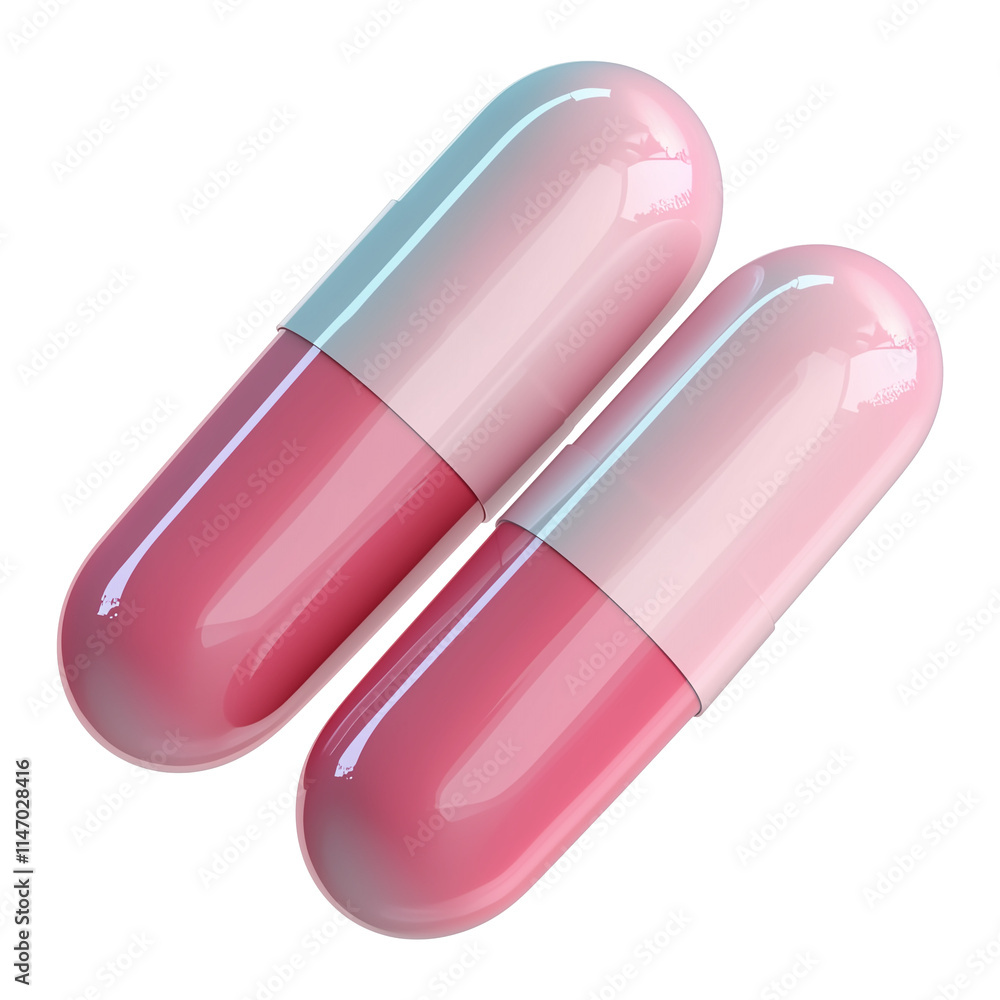 Poster Two glossy pink and white capsule pills are displayed in clean, isolated view on transparency background, showcasing modern and minimalistic design