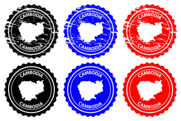 Cambodia - rubber stamp - vector, Kingdom of Cambodia map pattern - sticker - black, blue and red