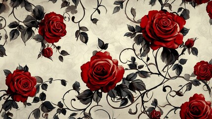 Red roses, dark leaves, swirling vines, beige background.