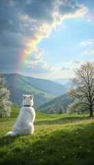 White dog sitting peacefully on green meadow and looking at rainbow  