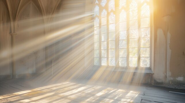 Copy space featuring a tranquil scene of a church window with soft sunlight streaming in