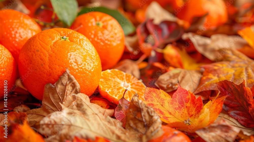 Poster copy space with a close-up of ripe tangerines against a backdrop of fallen leaves, adding a burst of