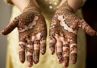 Close-up of intricate henna designs on hands, with palms facing up, showcasing beautiful and detailed body art