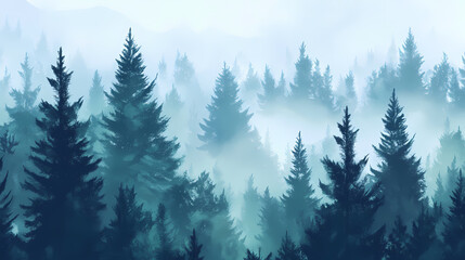 Dense forest with misty atmosphere and tall trees, foggy forest, forest landscape. Misty. Illustration