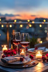 Romantic dinner setup including wine glasses and candles on a rooftop terrace for Valentine's Day.