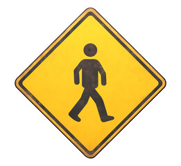 yellow pedestrian crossing road sign with black walking figure, isolated on transparency background, featuring flat design and slight weathered texture