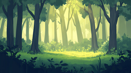 Fototapeta premium Dense forest with tall trees and a misty atmosphere, woods, trees, greenery. Misty. Illustration