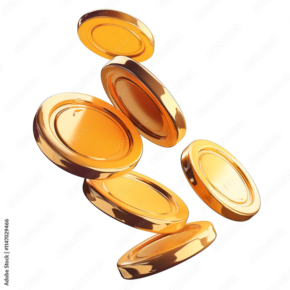 Poster Shiny golden coins floating in mid air, isolated on transparency background, creating sense of wealth and prosperity. 3D rendering highlights metallic texture and reflective surfaces