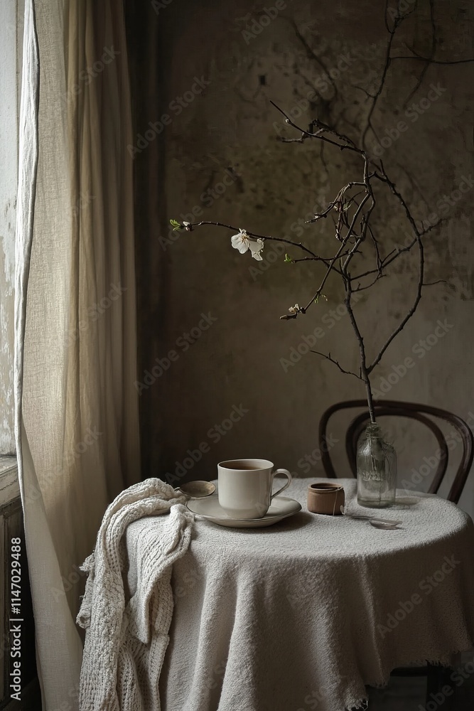 Poster a serene rustic interior showcasing a minimalist table setting with natural light streaming through 
