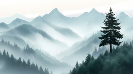 Enchanting misty mountains with evergreen tree amidst foggy landscape. Misty. Illustration