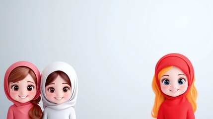 Three smiling cartoon girls in headscarves, one slightly apart.