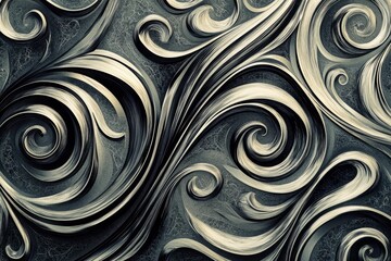 Abstract swirling patterns, dark and light tones.
