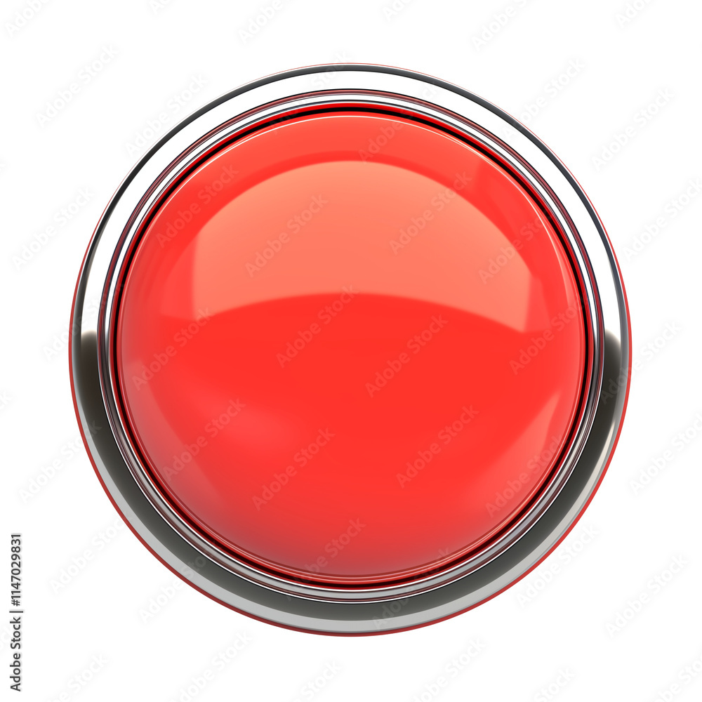 Poster shiny red stop button with metallic rim, isolated on transparency background, showcasing sleek and m