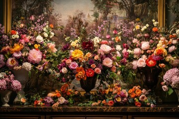Vibrant floral arrangements adorn antique-style vases.