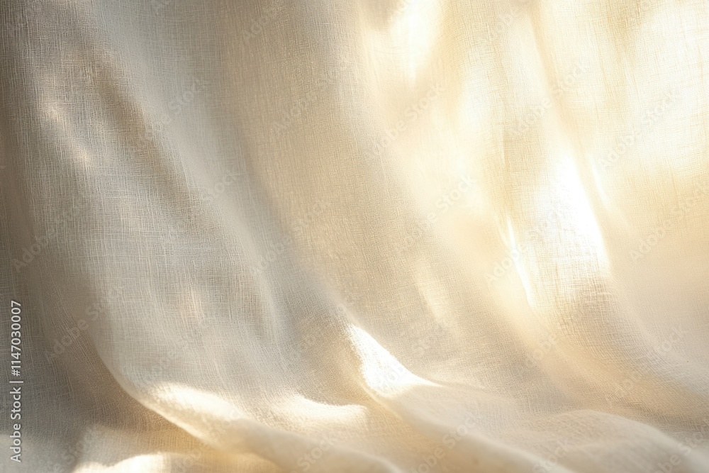 Poster cream-colored linen fabric gently draped, illuminated by soft sunlight, creating a serene and elegan