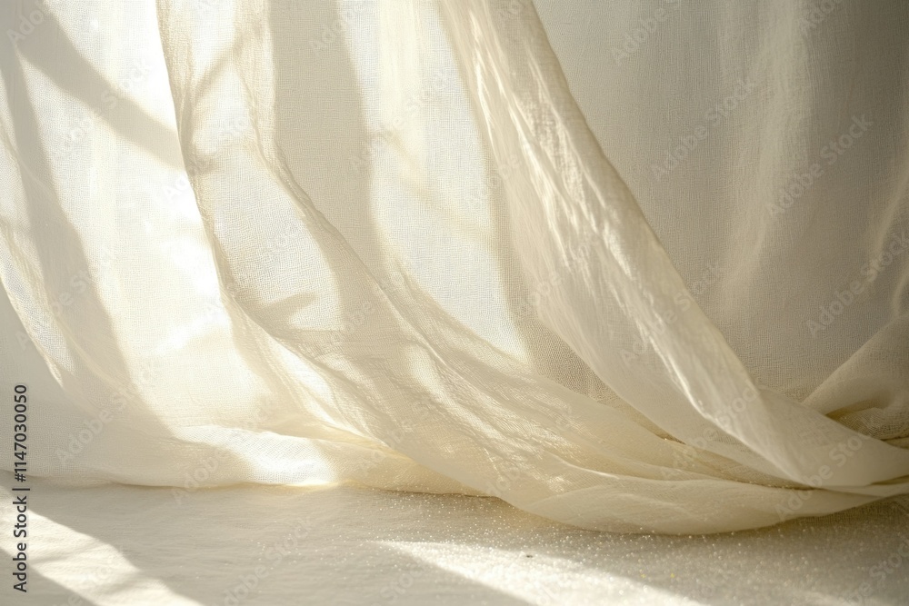 Aufkleber sheer white curtains gently draped, sunlight filtering through, creating soft shadows and textures.