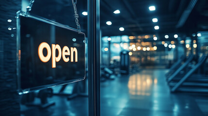 Closeup text "open" on the gym building with glass door, indoor workout club outdoors look, entrance inside, into a training center room.