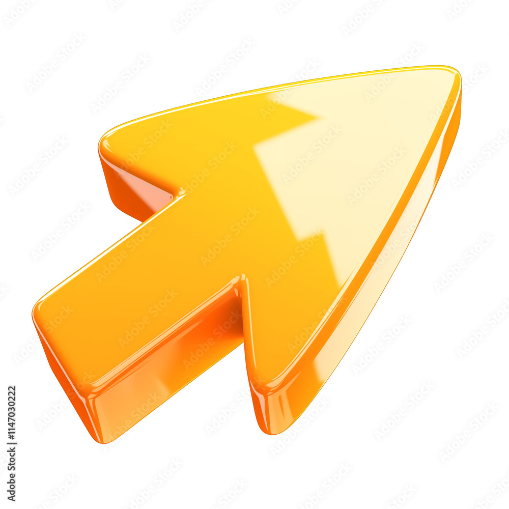 Aufkleber glossy 3D orange arrow icon pointing upward, isolated on transparency background, with reflective surface and smooth edges, ideal for web design or user interface elements