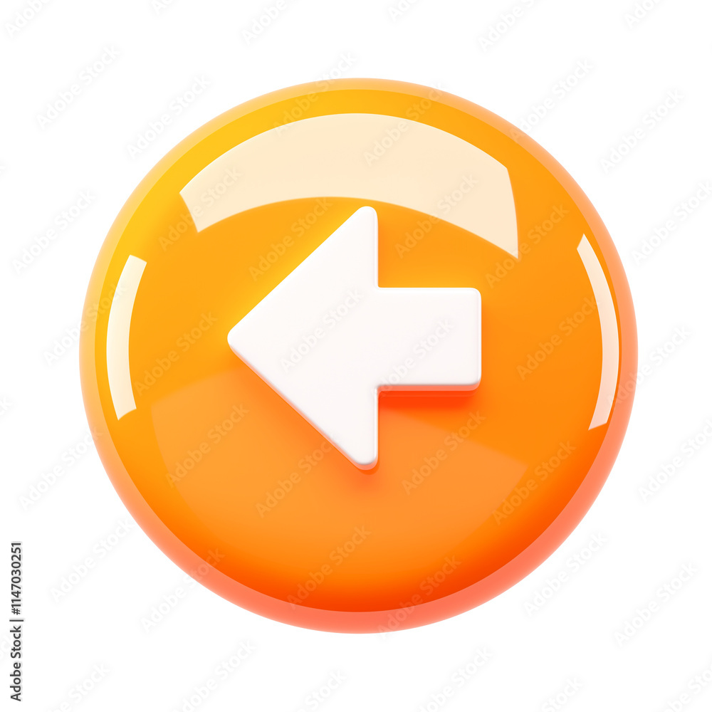 Aufkleber 3D orange circular button with white left arrow symbol, isolated on transparency background, featuring glossy and reflective surface