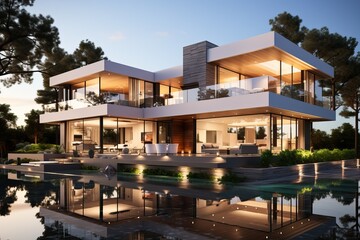 Obraz premium Modern two-story house with terrace and swimming pool. 3D visualization in white.