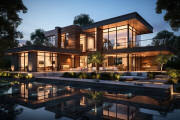 Obraz premium Ultra-modern glass energy-saving house with a wooden roof and concrete base in the evening.